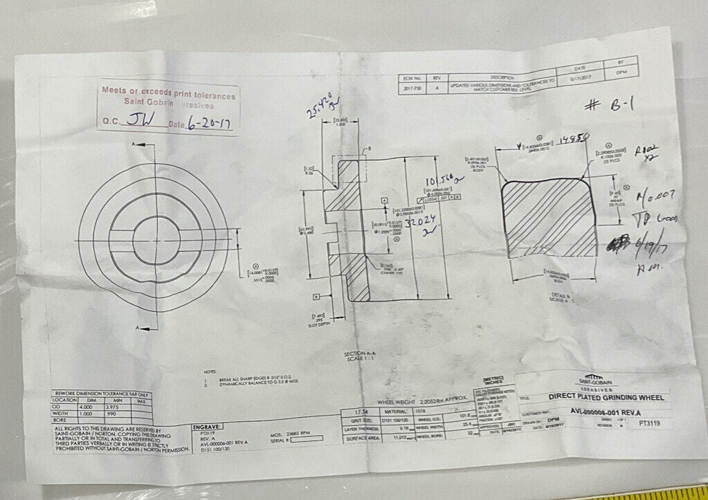 NORTON RD3119 4" DIAMETER 100/120 GRIT DIAMOND GRINDING WHEEL REPLATED