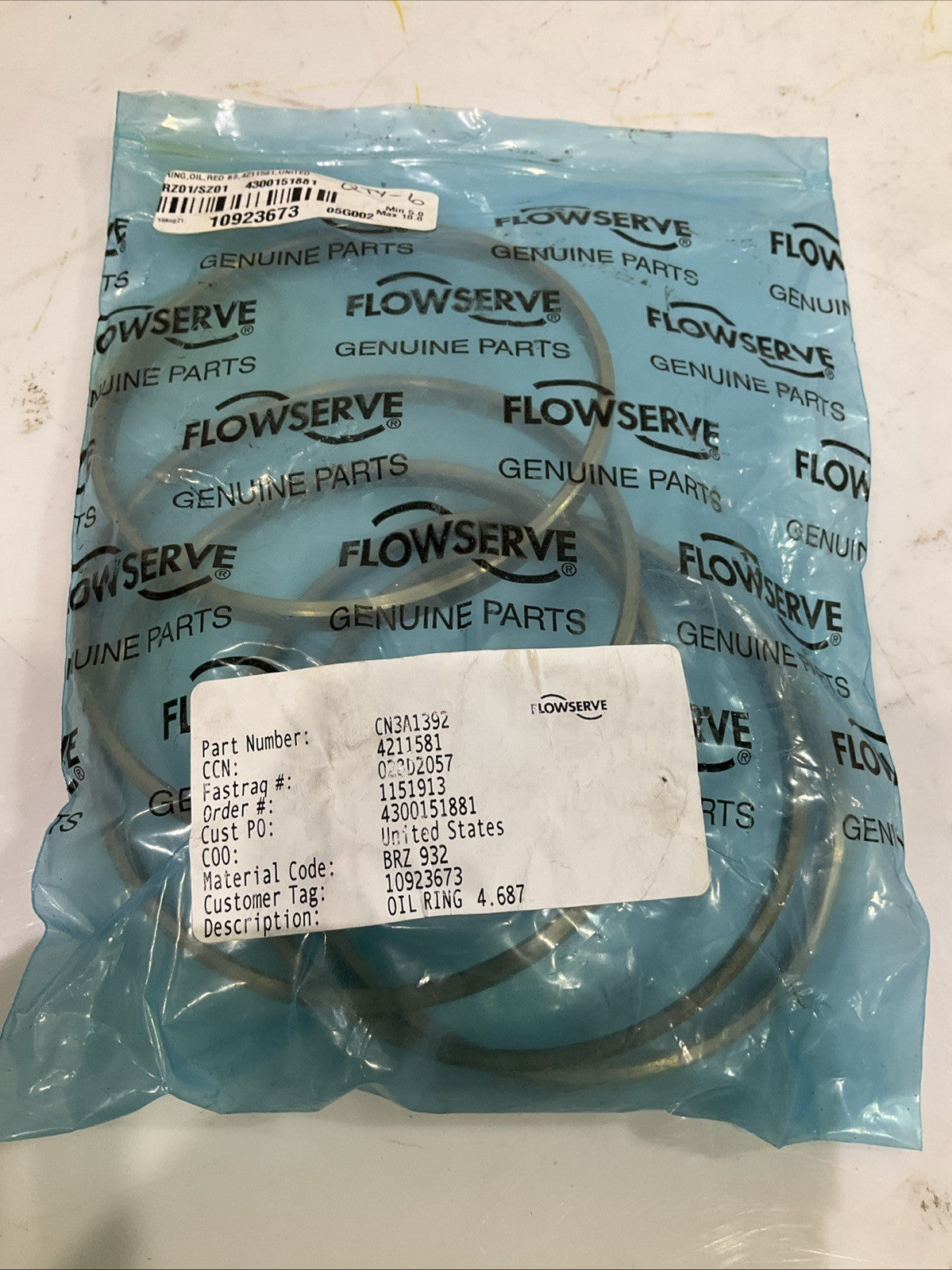 FLOWSERVE CN3A1392 OIL RING BRZ 932 4.687IN ID - QTY 10 678