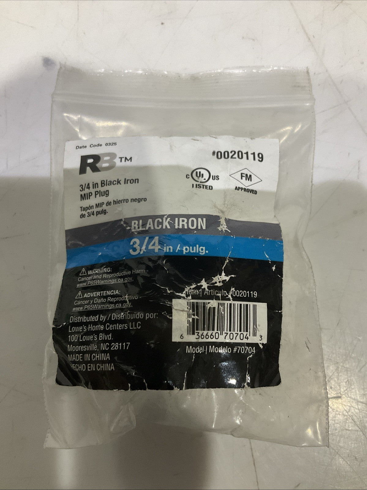RB 0020119 3/4 IN / PULG BLACK IRON MIP PLUG