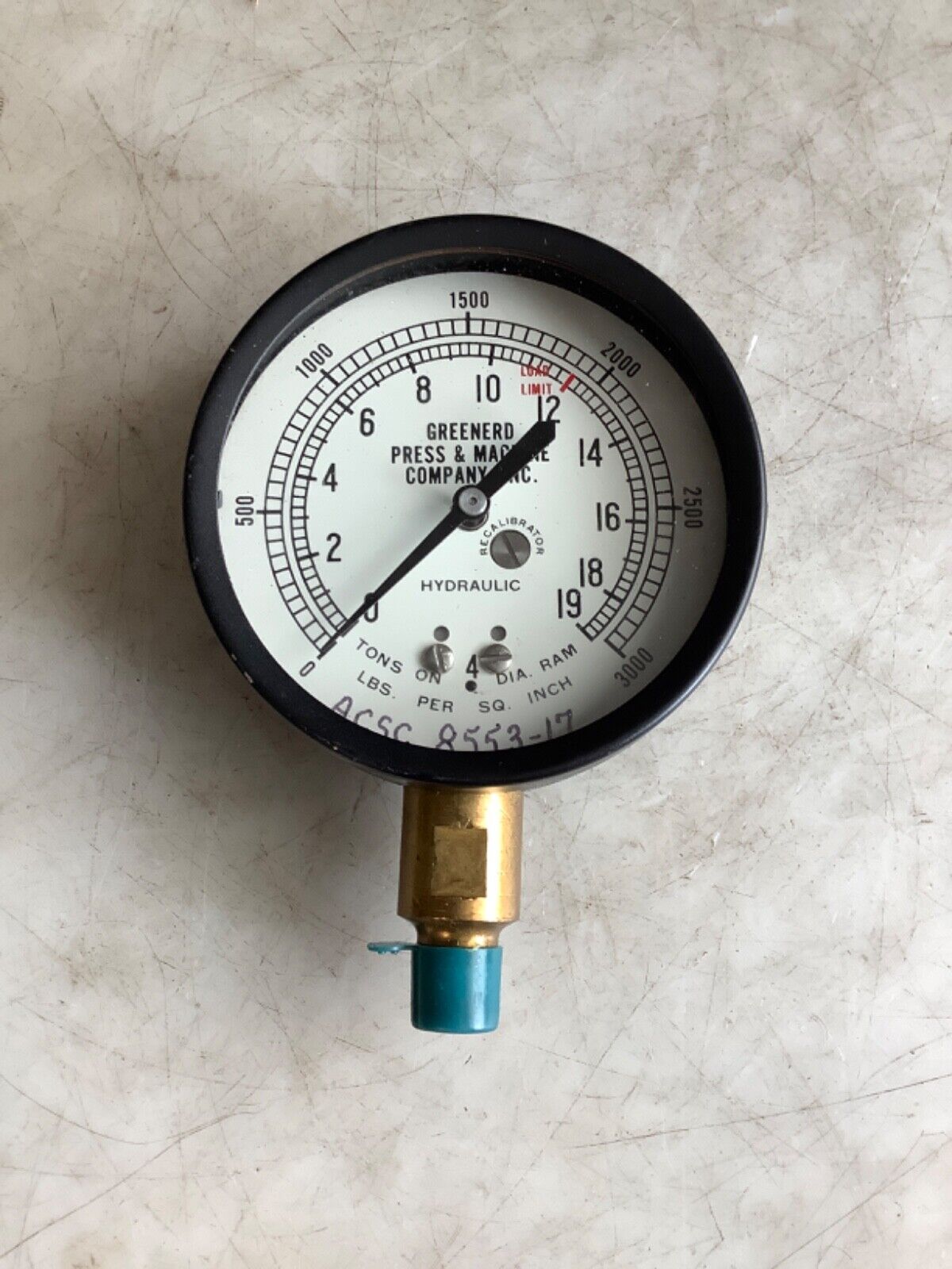 GREENERD HYDRAULIC ACSC 8553-17 PRESSURE GAUGE 3000PSI 19 TON UNIT