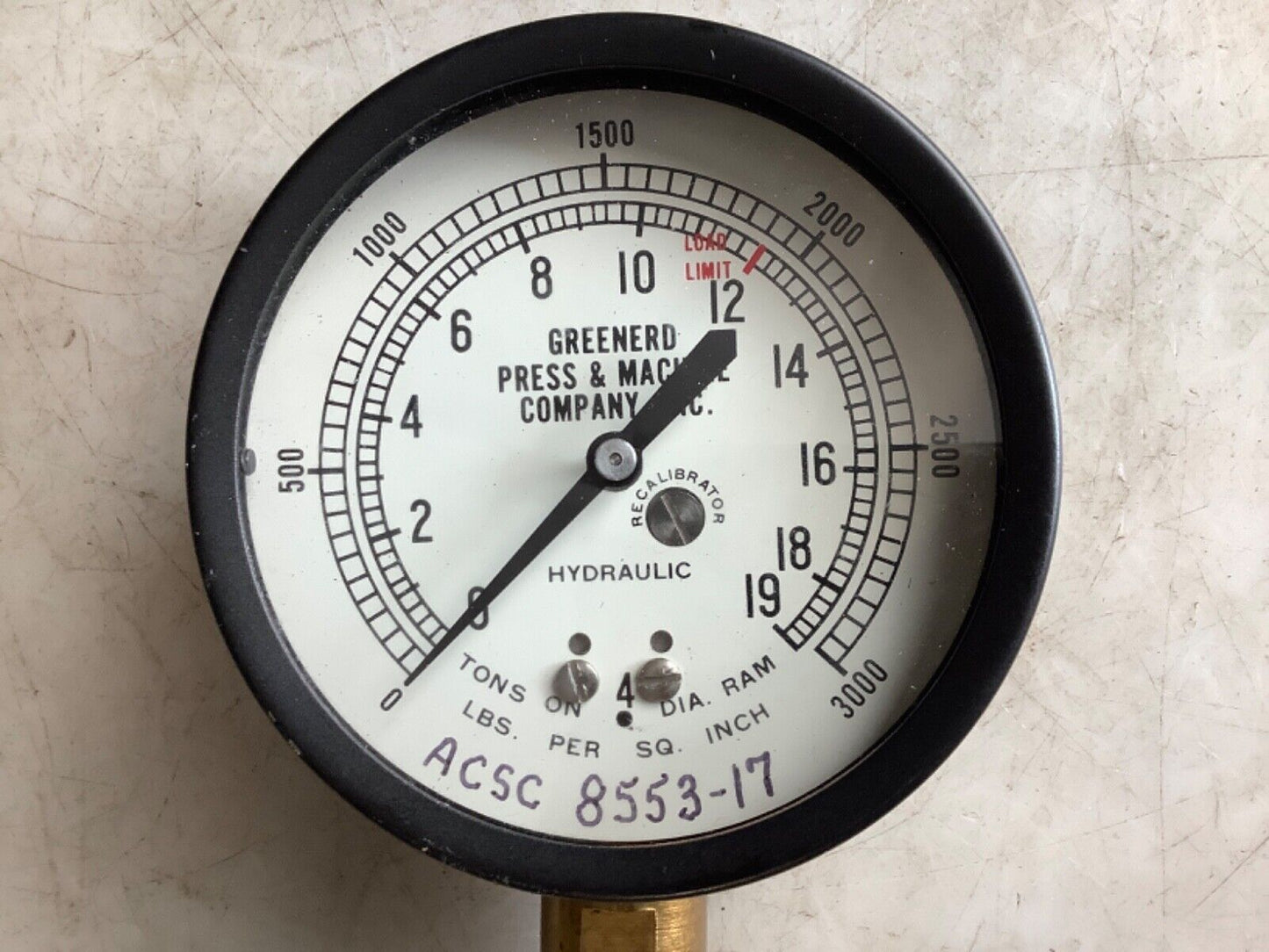 GREENERD HYDRAULIC ACSC 8553-17 PRESSURE GAUGE 3000PSI 19 TON UNIT