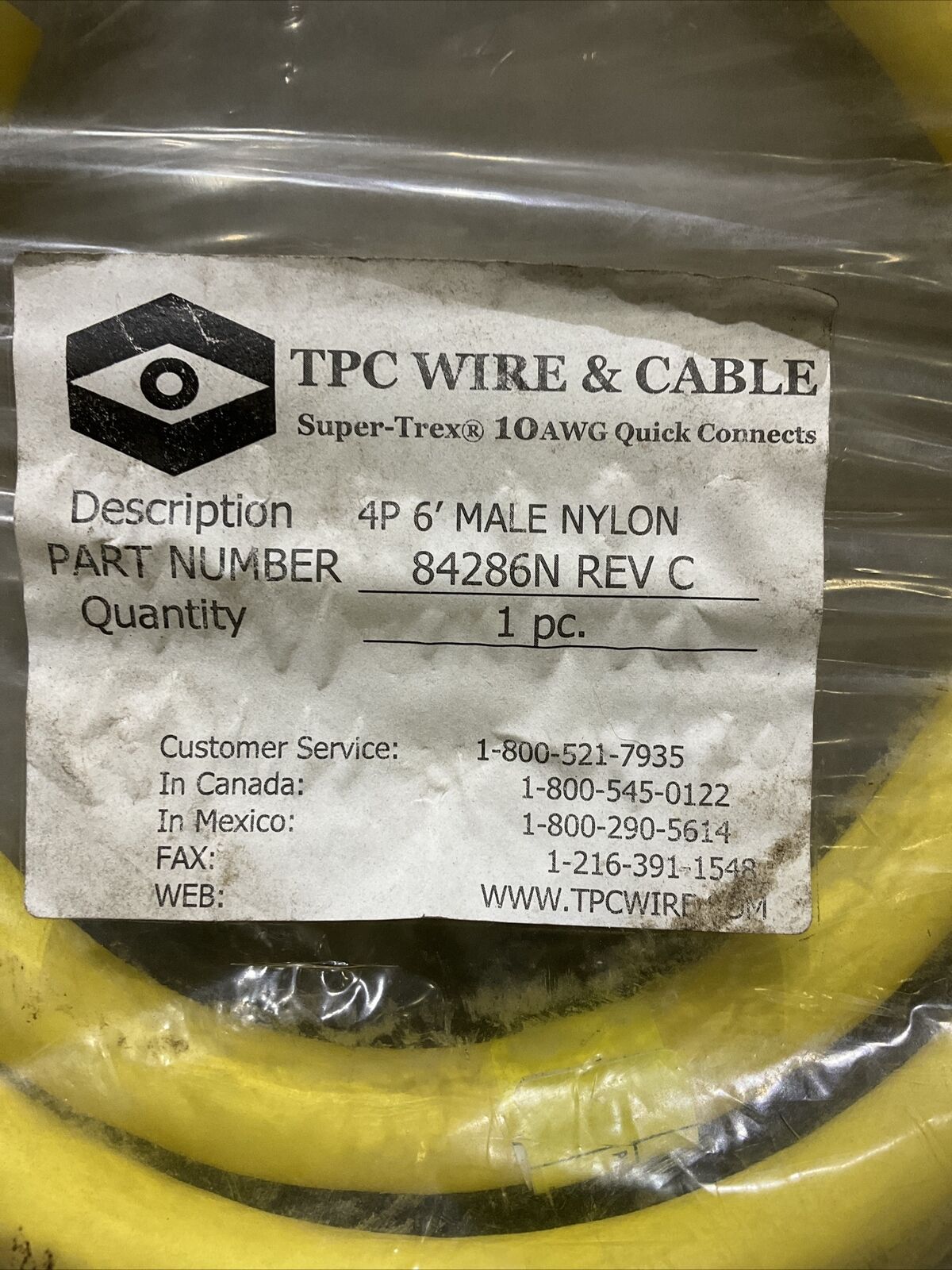 TPC WIRE & CABLE 84286N 4P 6’ MALE SUPER TREX 10 AWG QUICK CONNECTS 222