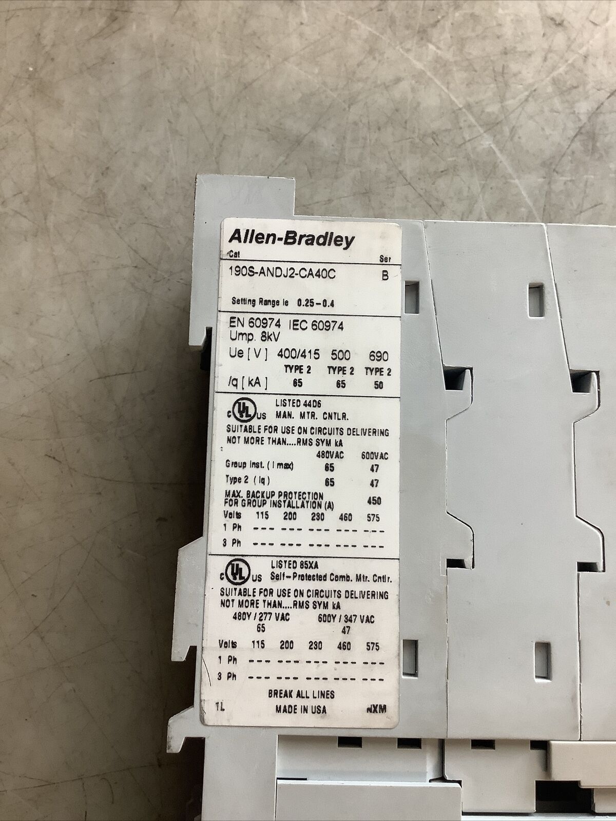 ALLEN BRADLEY 190S-ANDJ2-CA40C STARTER W/ 140M-C2E-A40 AND 100-C09D*10 999