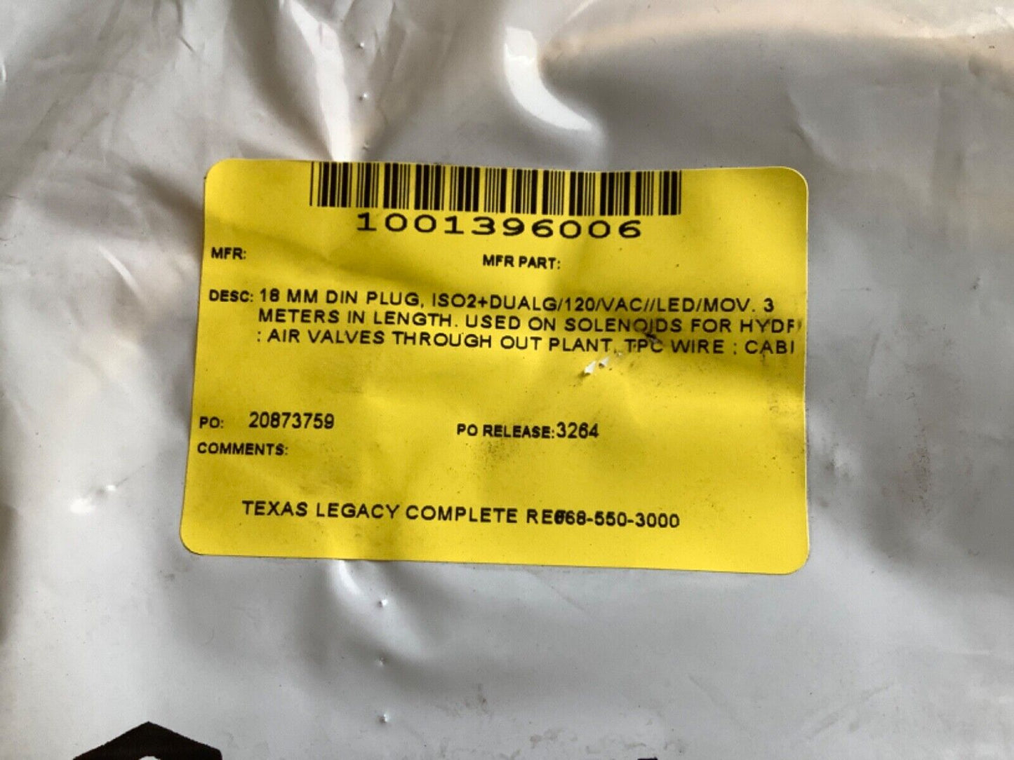 TPC WIRE D01134XXAM003 SOLENOID CONNECTOR CABLE 18MM 120VAC 3M 222
