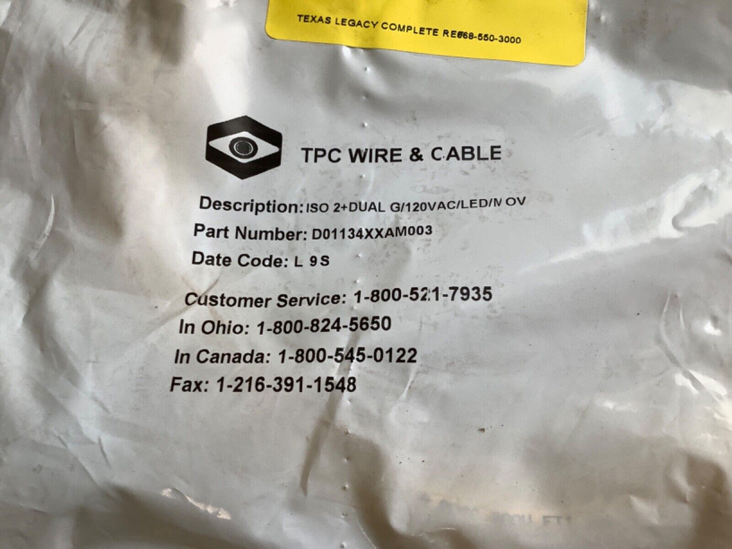 TPC WIRE D01134XXAM003 SOLENOID CONNECTOR CABLE 18MM 120VAC 3M 222