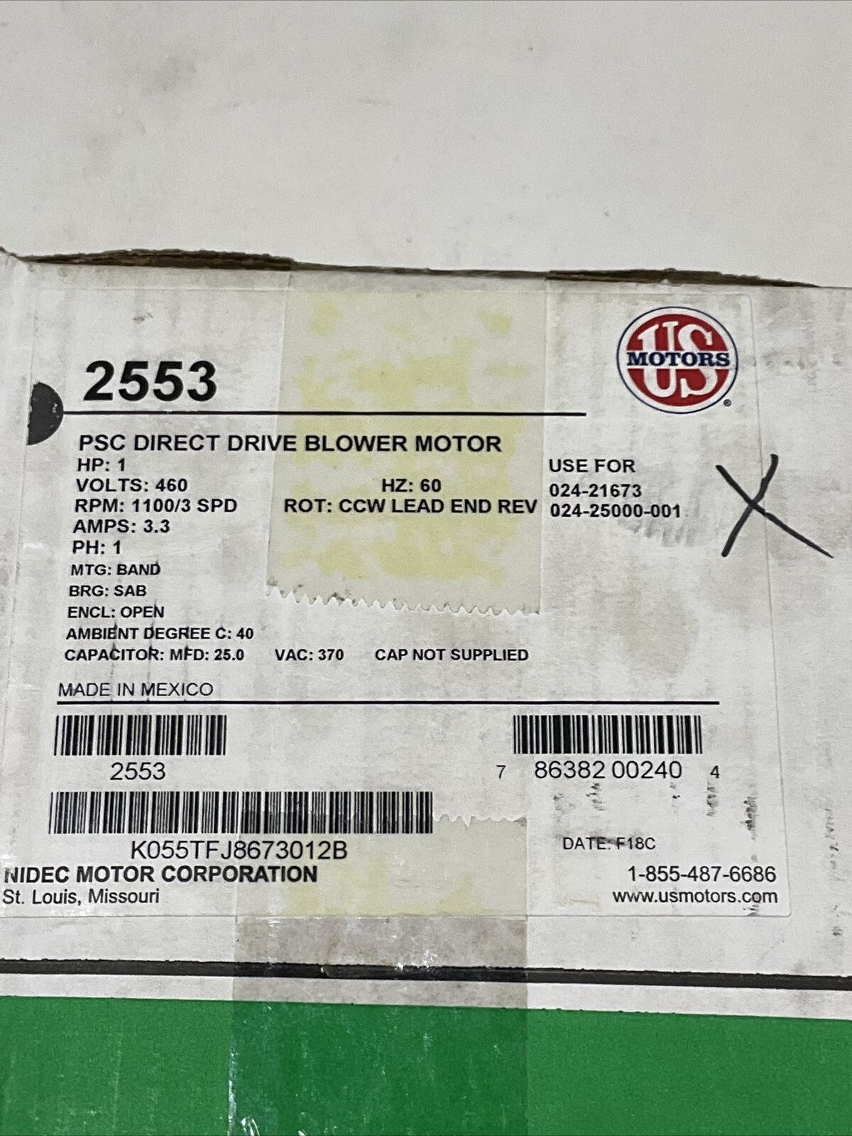 US MOTORS K55ZZTFJ-8673 1HP 1 PHASE PCS DIRECT DRIVE BLOWER MOTOR 222