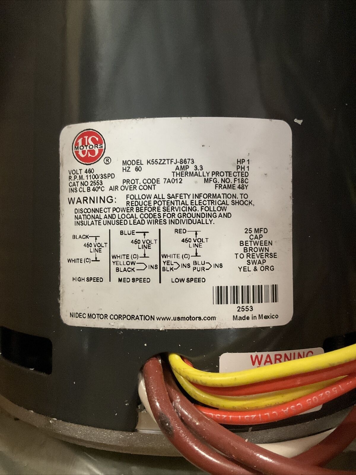 US MOTORS K55ZZTFJ-8673 1HP 1 PHASE PCS DIRECT DRIVE BLOWER MOTOR 222