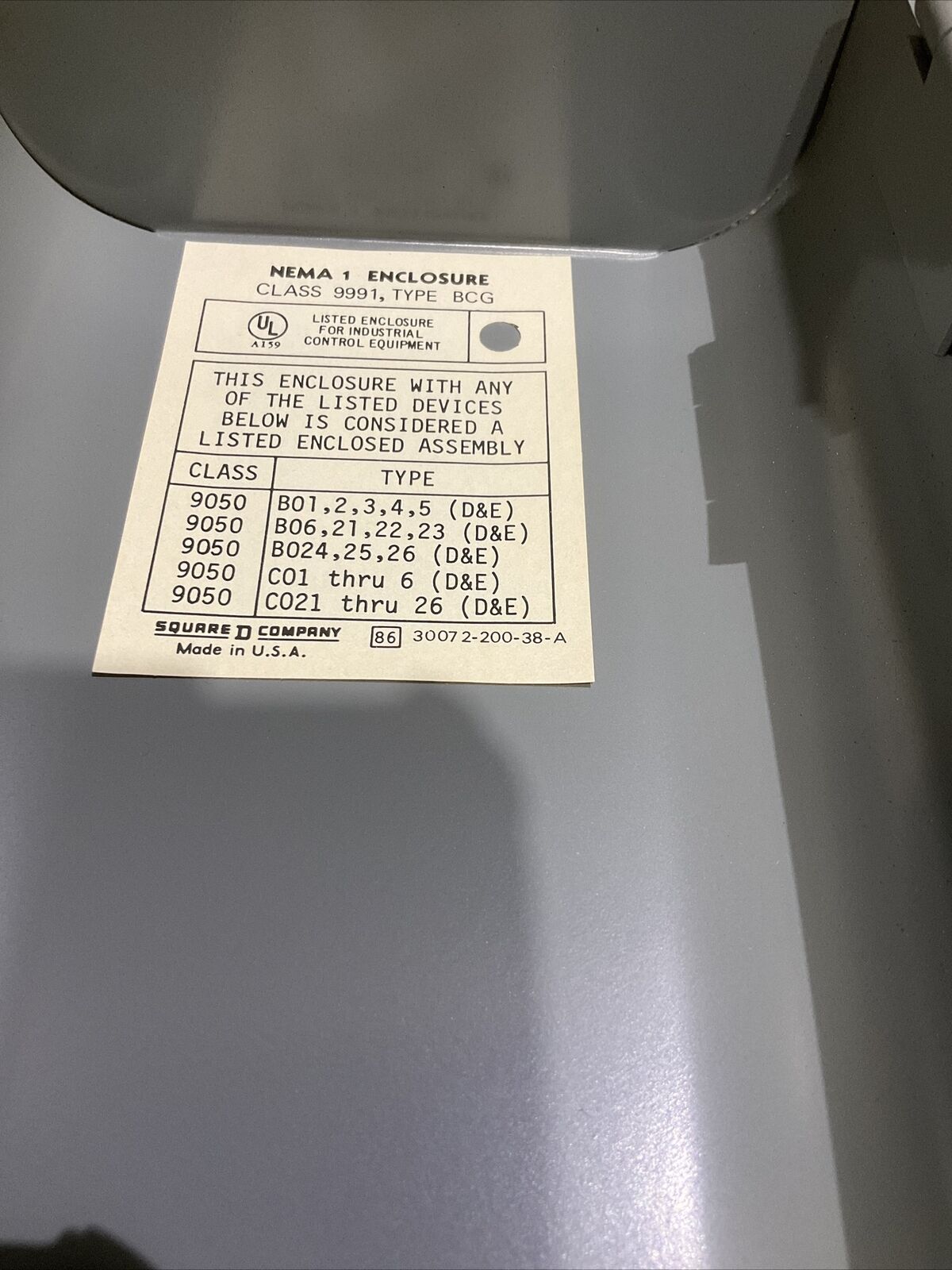 SQUARE D 49746 NEMA 1 ENCLOSURE CLASS 9991 TYPE BCG 444