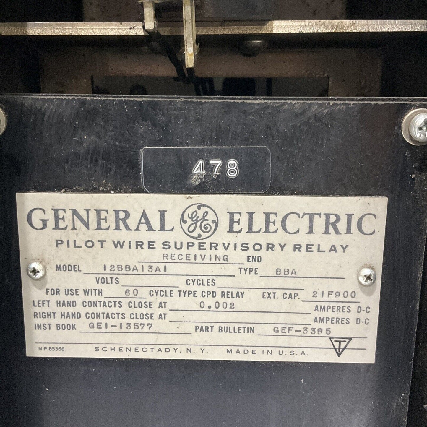 GENERAL ELECTRIC GE 12BBA13A1 BBA PILOT WIRE SUPERVISOR RELAY 678