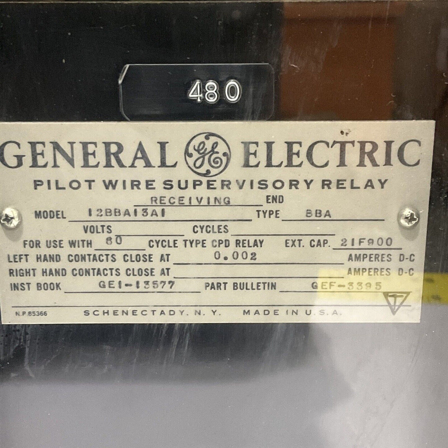 GENERAL ELECTRIC GE 12BBA13A1 BBA PILOT WIRE SUPERVISOR RELAY 678