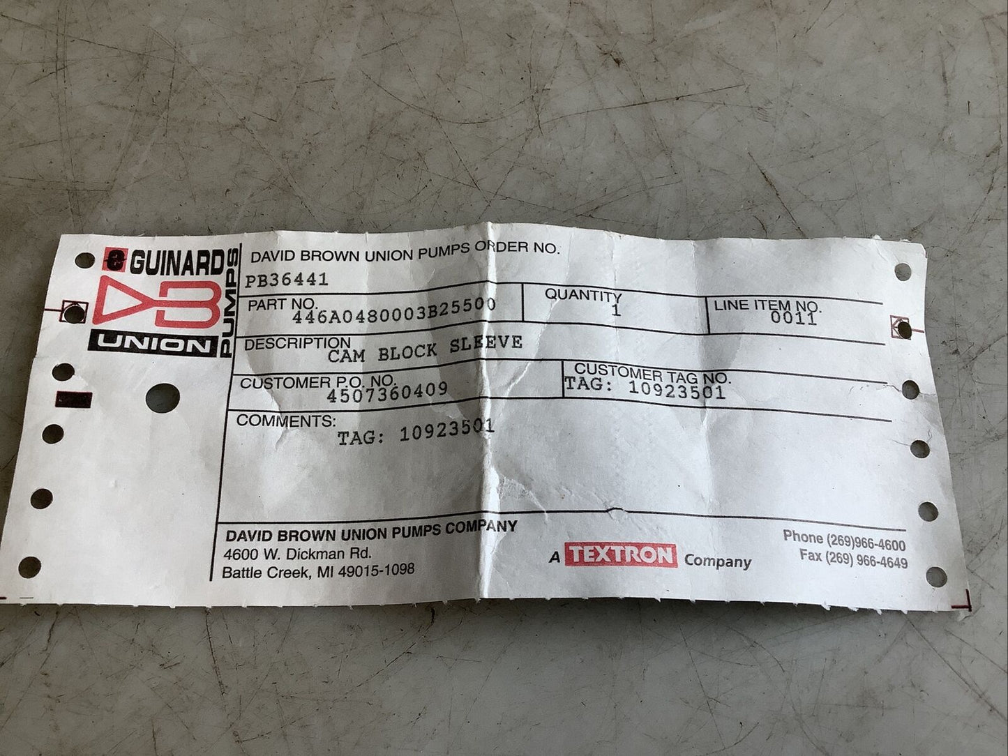 DAVID BROWN UNION PUMPS 446A0480003B25500 PB36441 CAM BLOCK SLEEVE 678