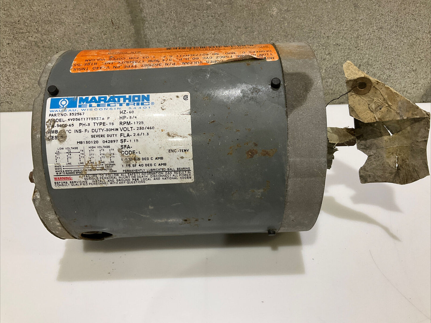 MARATHON ELECTRIC 352567 4VD56T17T5537A MOTOR 60 HZ 3/4 HP 230/460 V 678