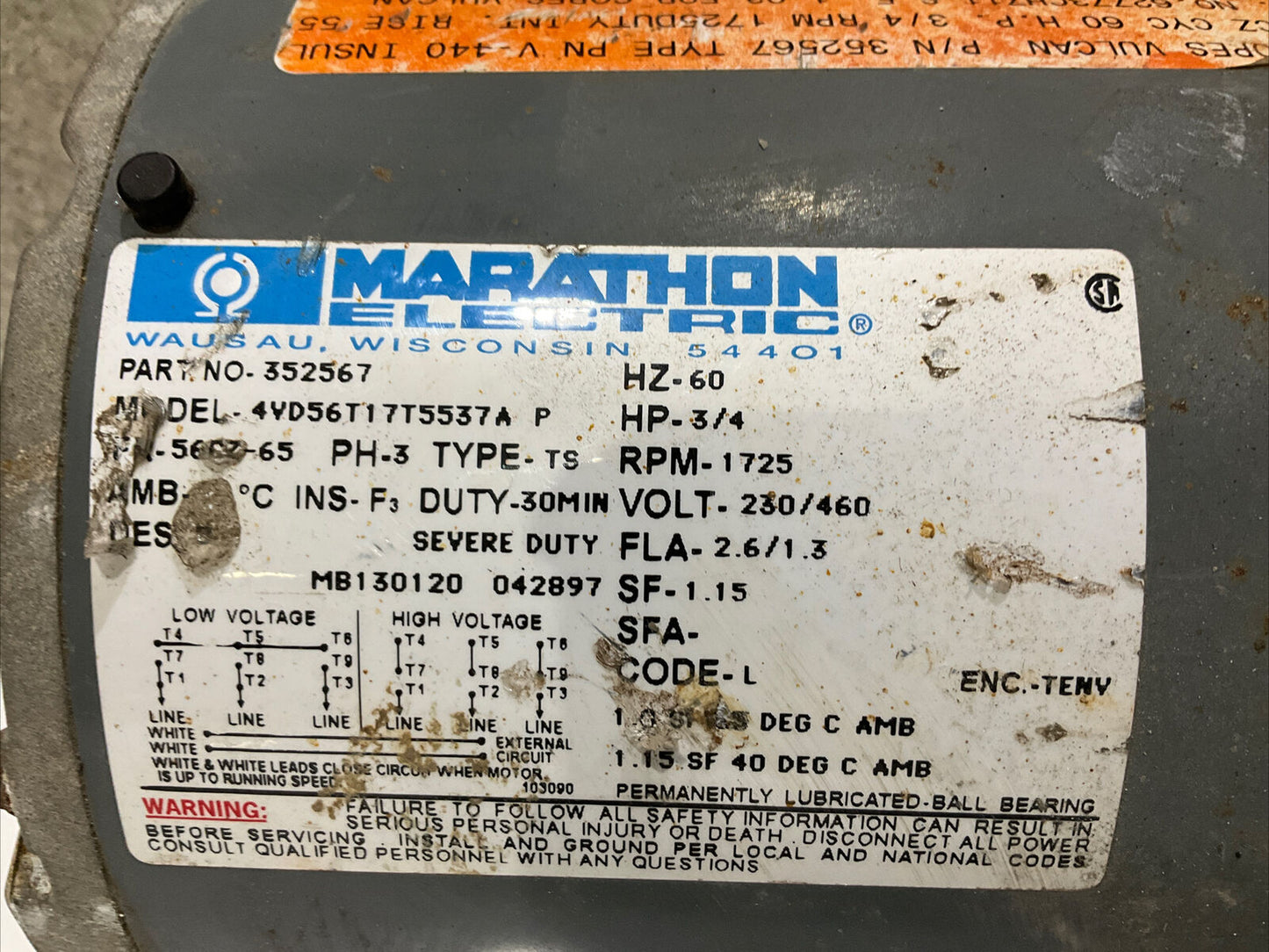 MARATHON ELECTRIC 352567 4VD56T17T5537A MOTOR 60 HZ 3/4 HP 230/460 V 678