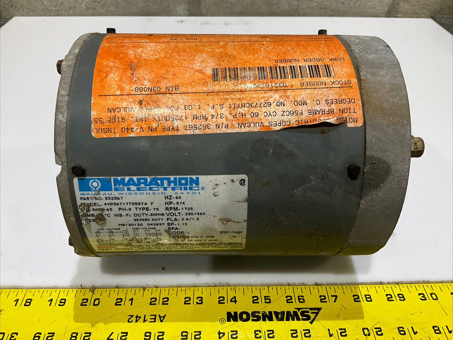 MARATHON ELECTRIC 352567 4VD56T17T5537A MOTOR 60 HZ 3/4 HP 230/460 V 678