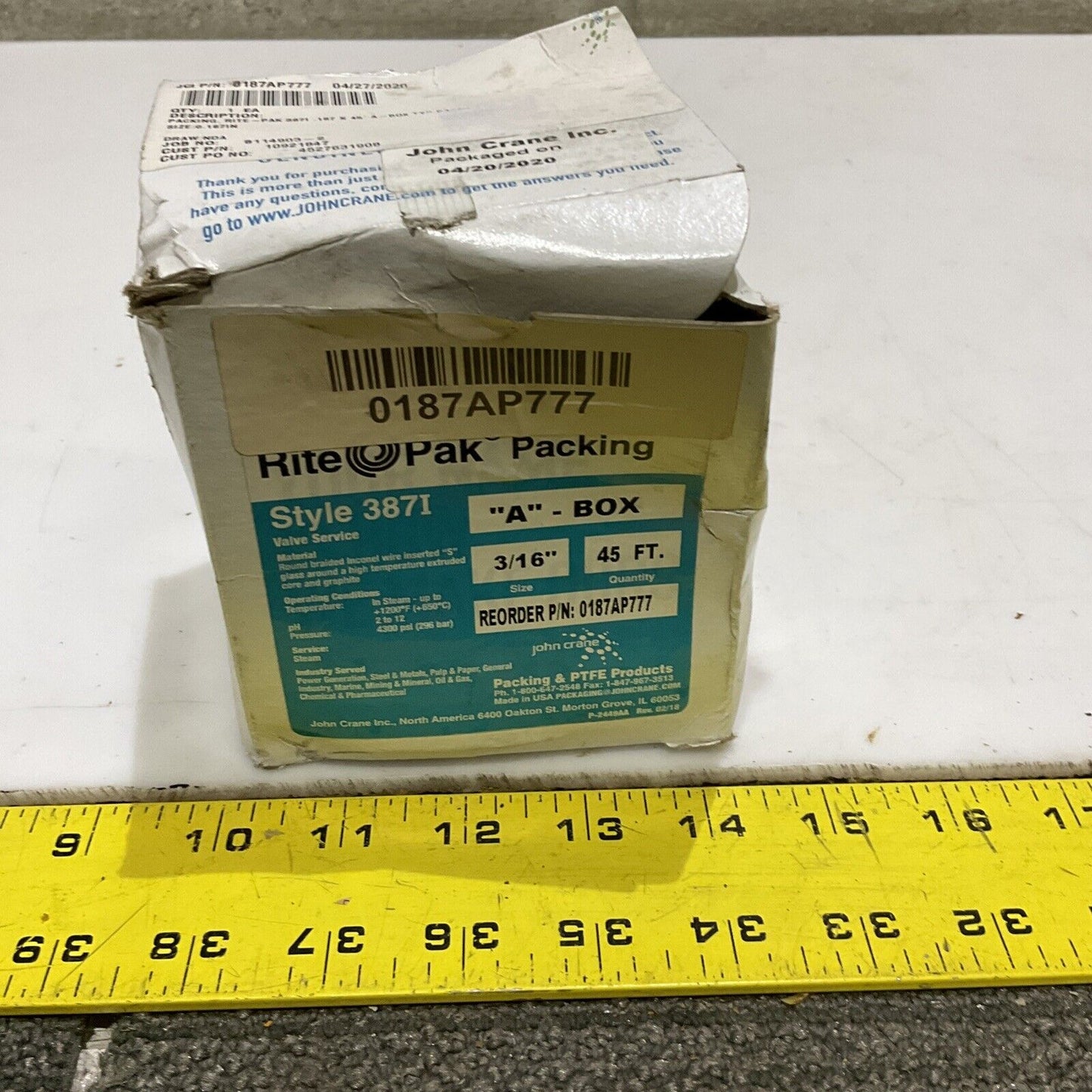 JOHN CRANE RITE PAK 387I 0187AP777 MECHANICAL PACKING 3/16 IN 45 FT 678