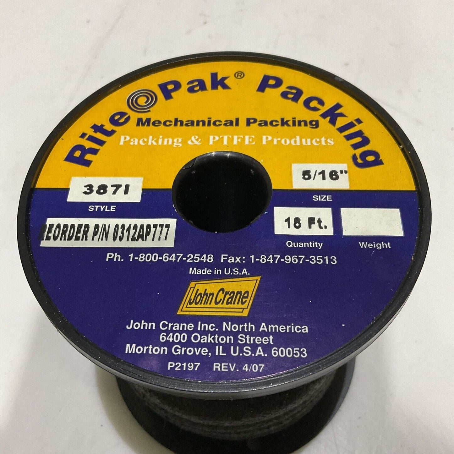 JOHN CRANE 387I 0312AP777 MECHANICAL PACKING ABOX SIZE 5/16IN 18 FT 678