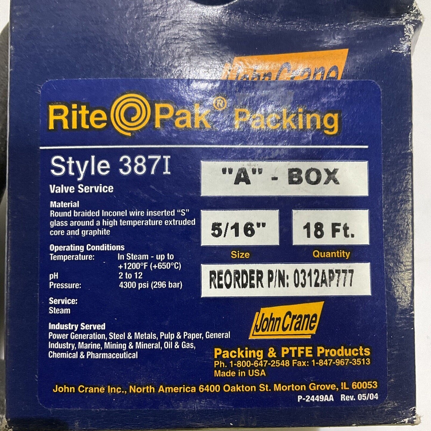 JOHN CRANE 387I 0312AP777 MECHANICAL PACKING ABOX SIZE 5/16IN 18 FT 678