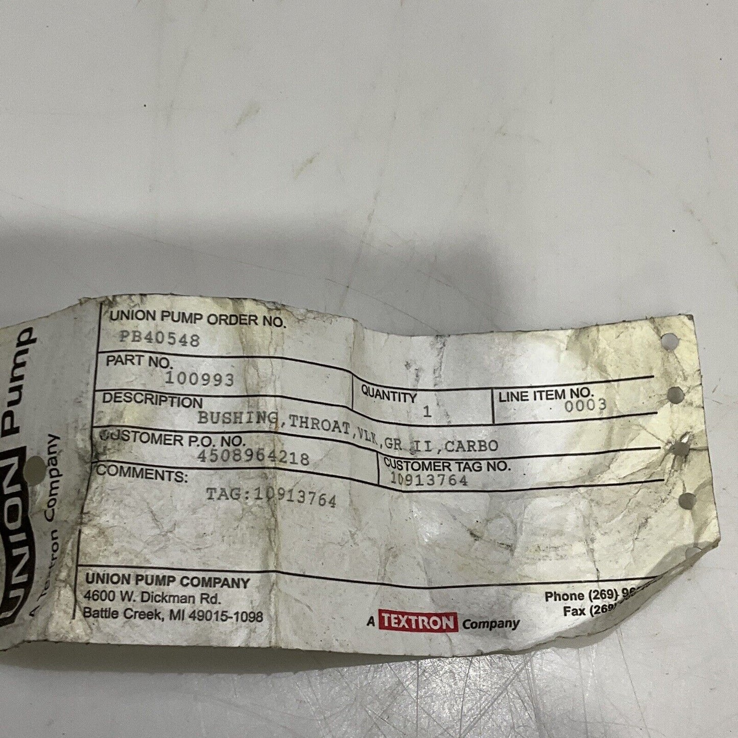 UNION PB40548 100993 CARBO GR II VLK THROAT BUSHING 678