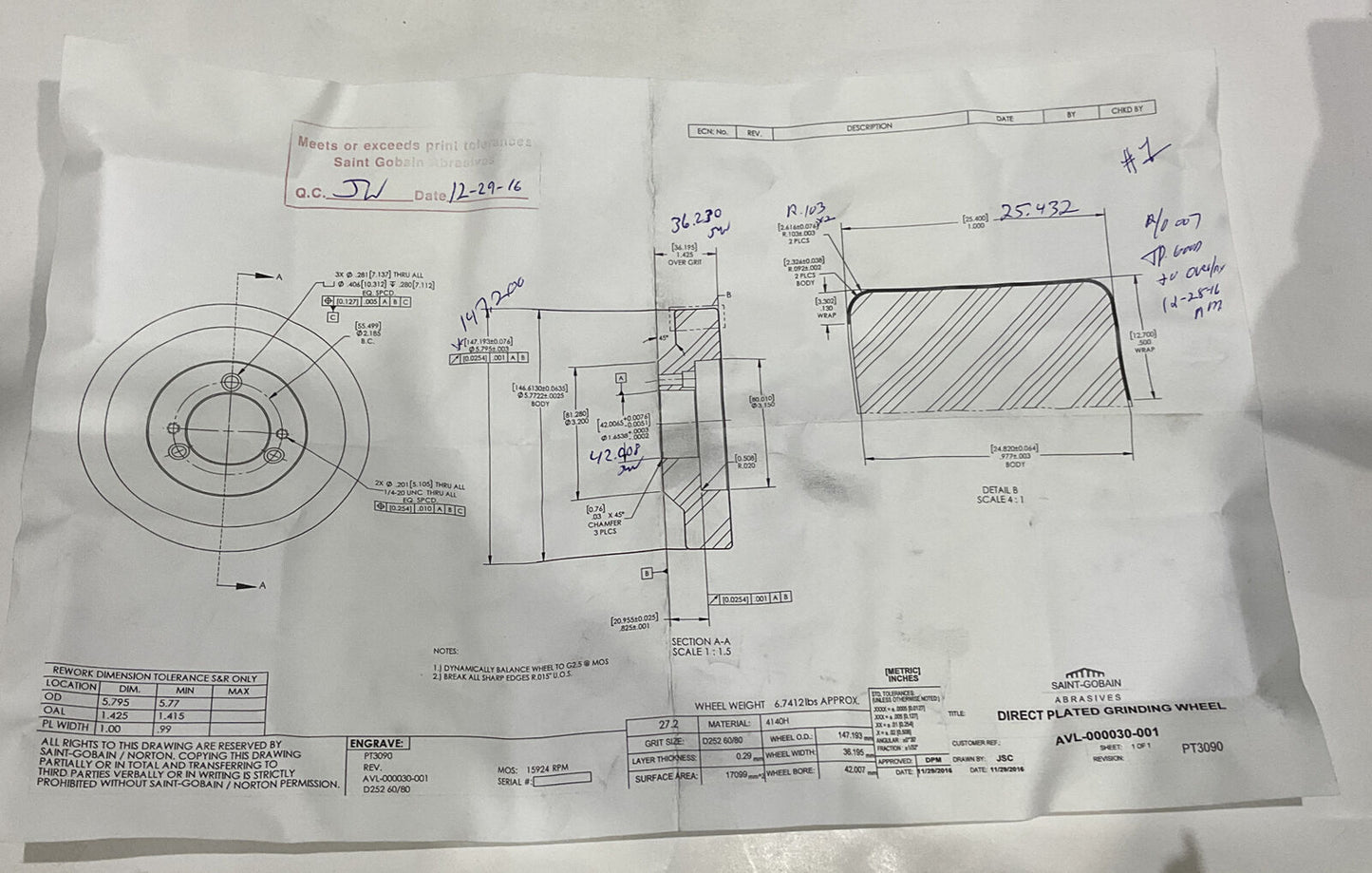 NORTON PT3090 5.795" DIA X 1.653 BORE D252 60/80 GRIT DIAMOND GRINDING WHEEL 678