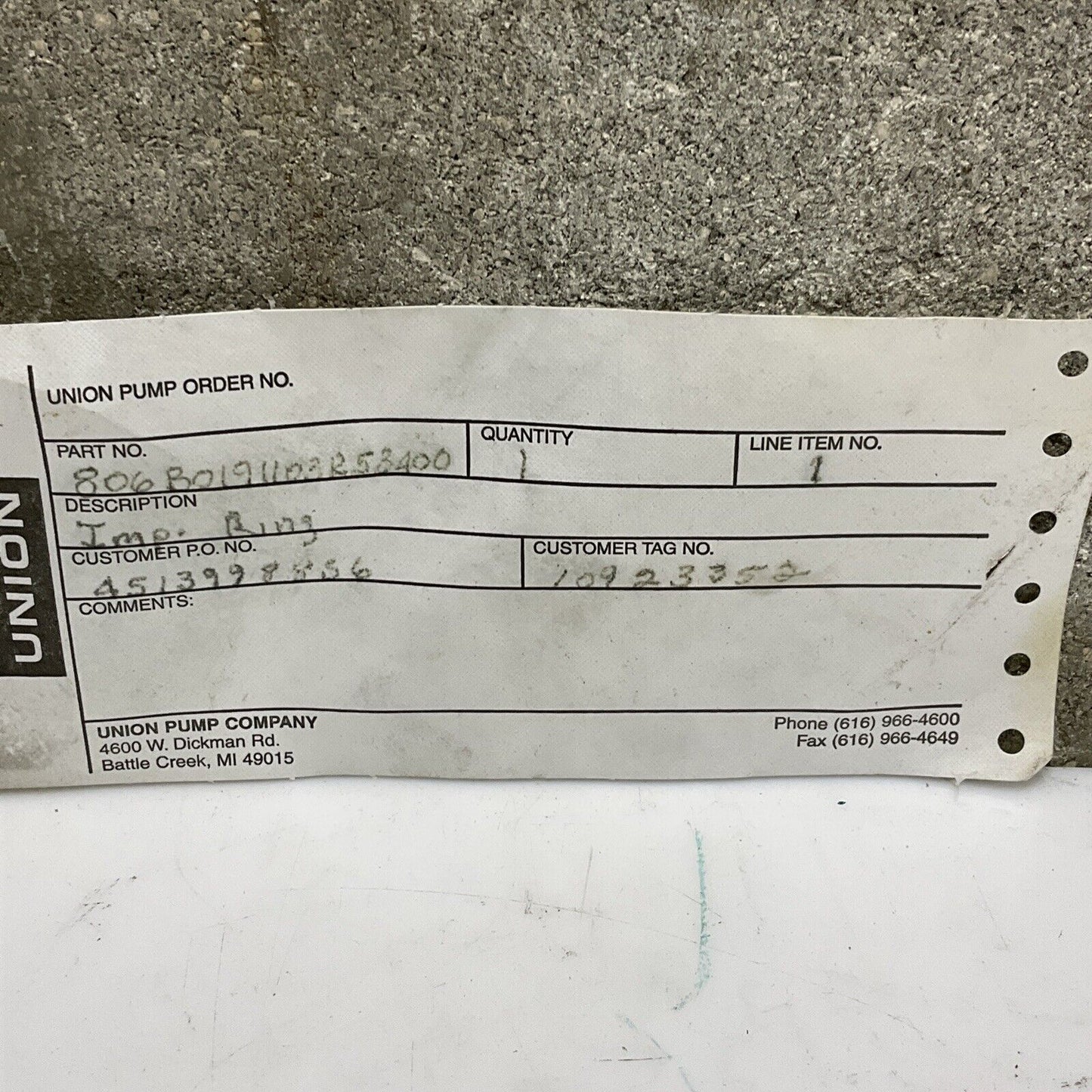 UNION PUMP 806B0191103R53400 IMPELLER RING 678