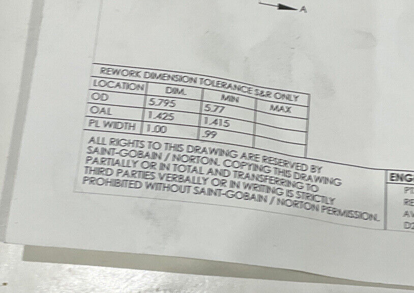 NORTON PT3090 GRIT 60/80 5.772” DIAMETER 1.654” BORE 1” GRINDING WHEEL