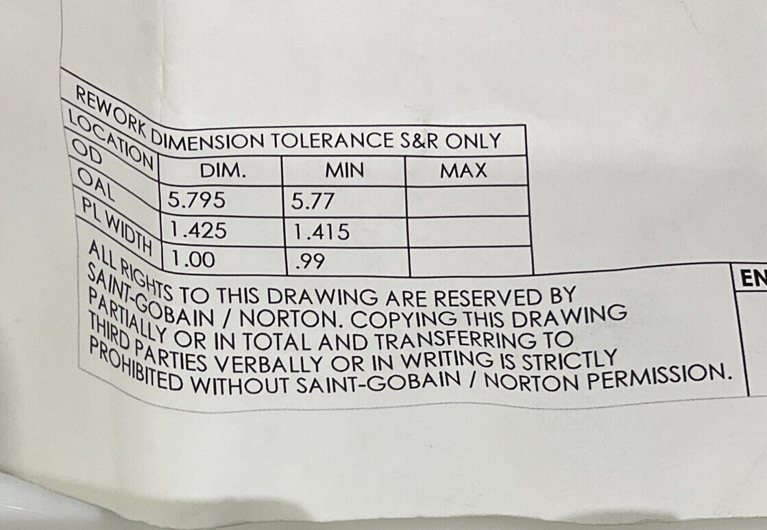 NORTON PT3090 GRIT 60/80 5.772” DIAMETER 1.654” BORE 1” GRINDING WHEEL