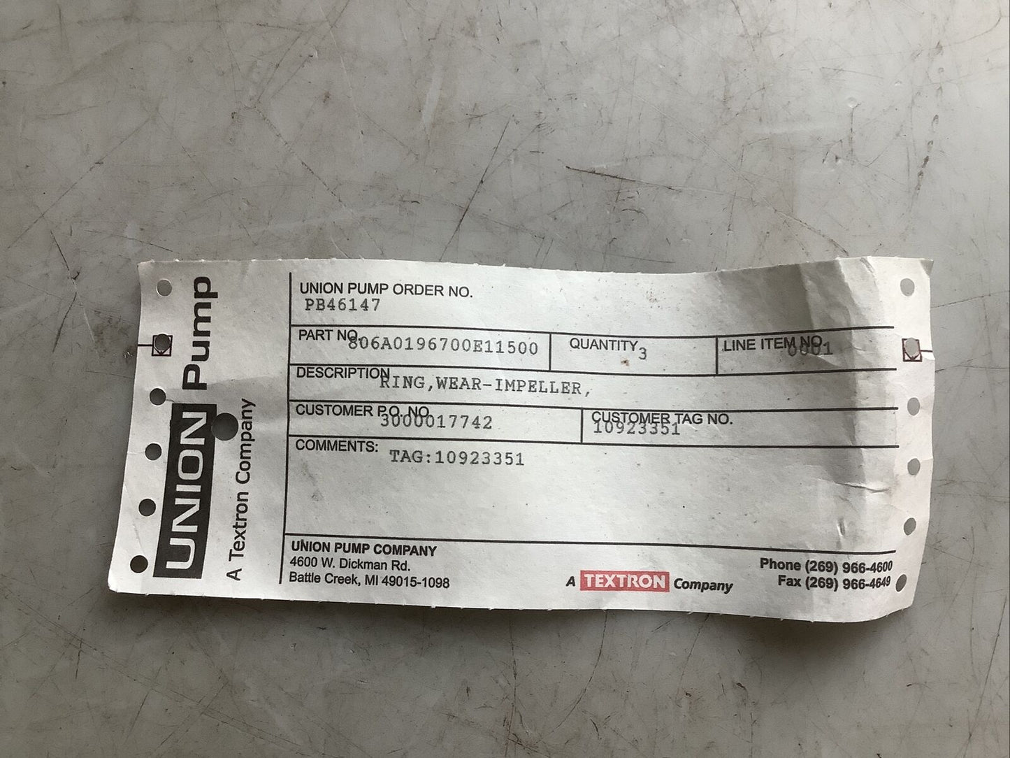 UNION PUMP 806A0196700E11500 IMPELLER WEAR RING 678