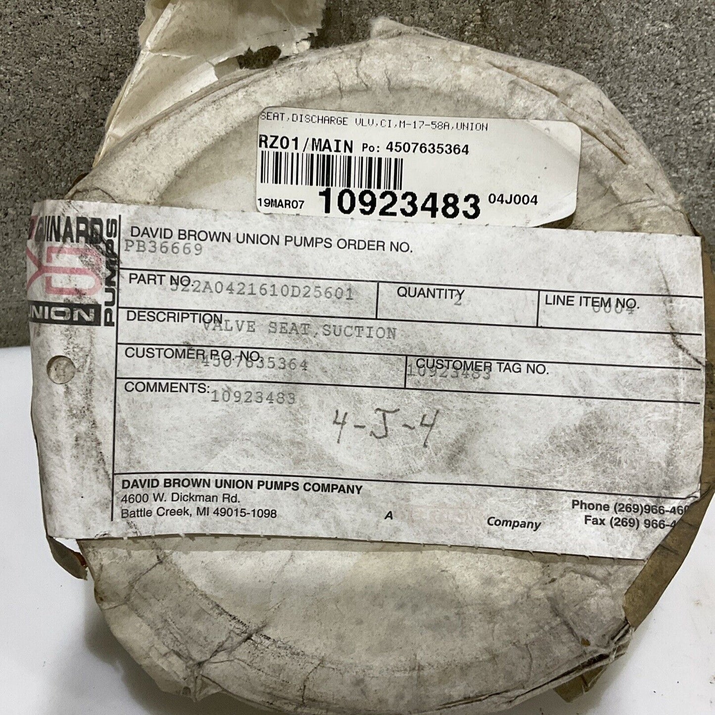 UNION PUMPS 522A0421610D25601 SUCTION VALVE SEAT 678