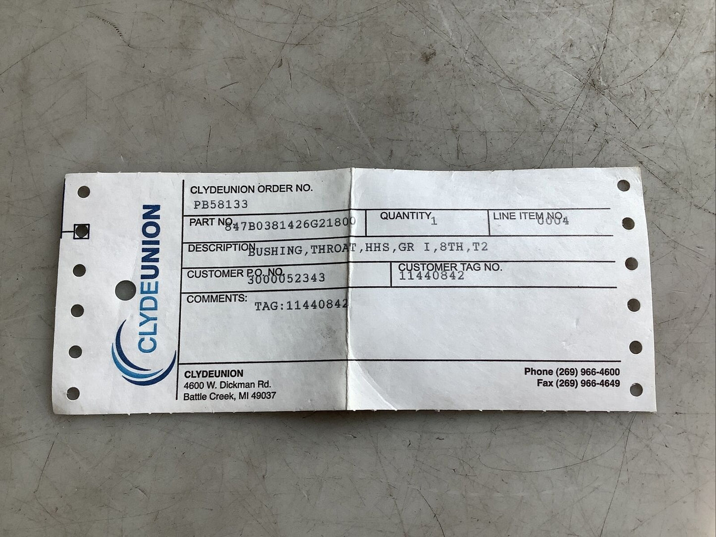 CLYDE UNION 847B0381426G21800 THROAT BUSHING 678