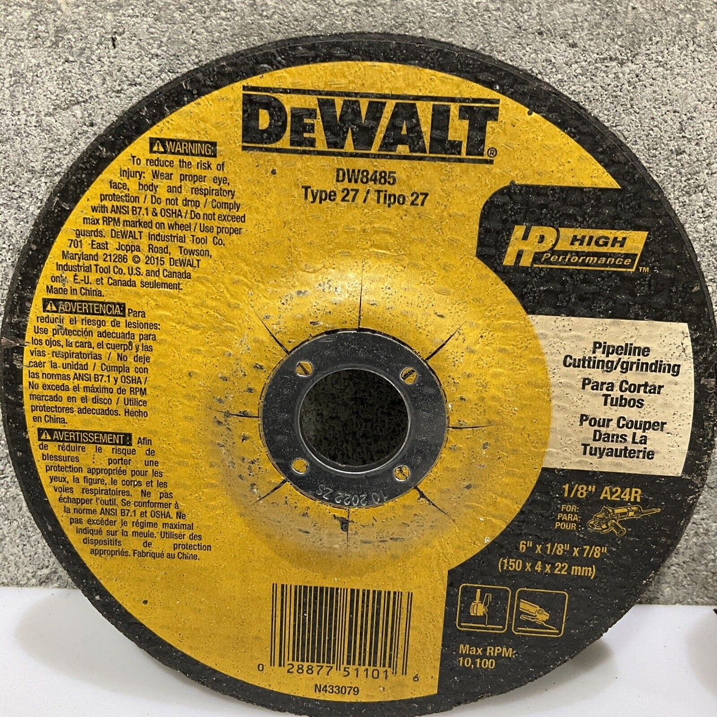 DEWALT DW8485 TYPE 27 PIPELINE CUTTING WHEEL 1/8 IN 6 X 1/8 X 7/8 107 LOT OF 5