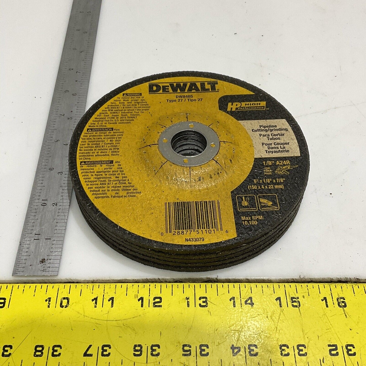 DEWALT DW8485 TYPE 27 PIPELINE CUTTING WHEEL 1/8 IN 6 X 1/8 X 7/8 107 LOT OF 5