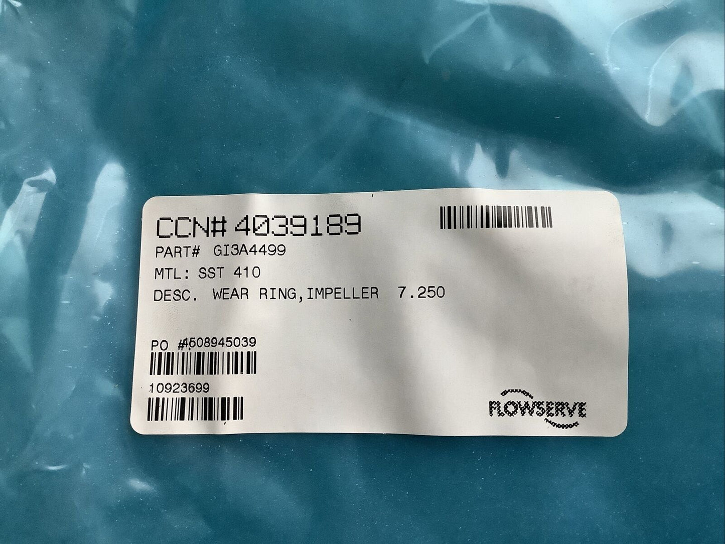 FLOWSERVE 4039189 GI3A4499 IMPELLER WEAR RING SST 410 7.250IN OD 678