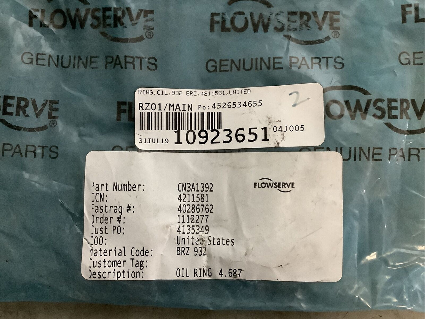 FLOWSERVE CN3A1392 OIL RING BRZ 932 4.687IN 678 - QTY 2