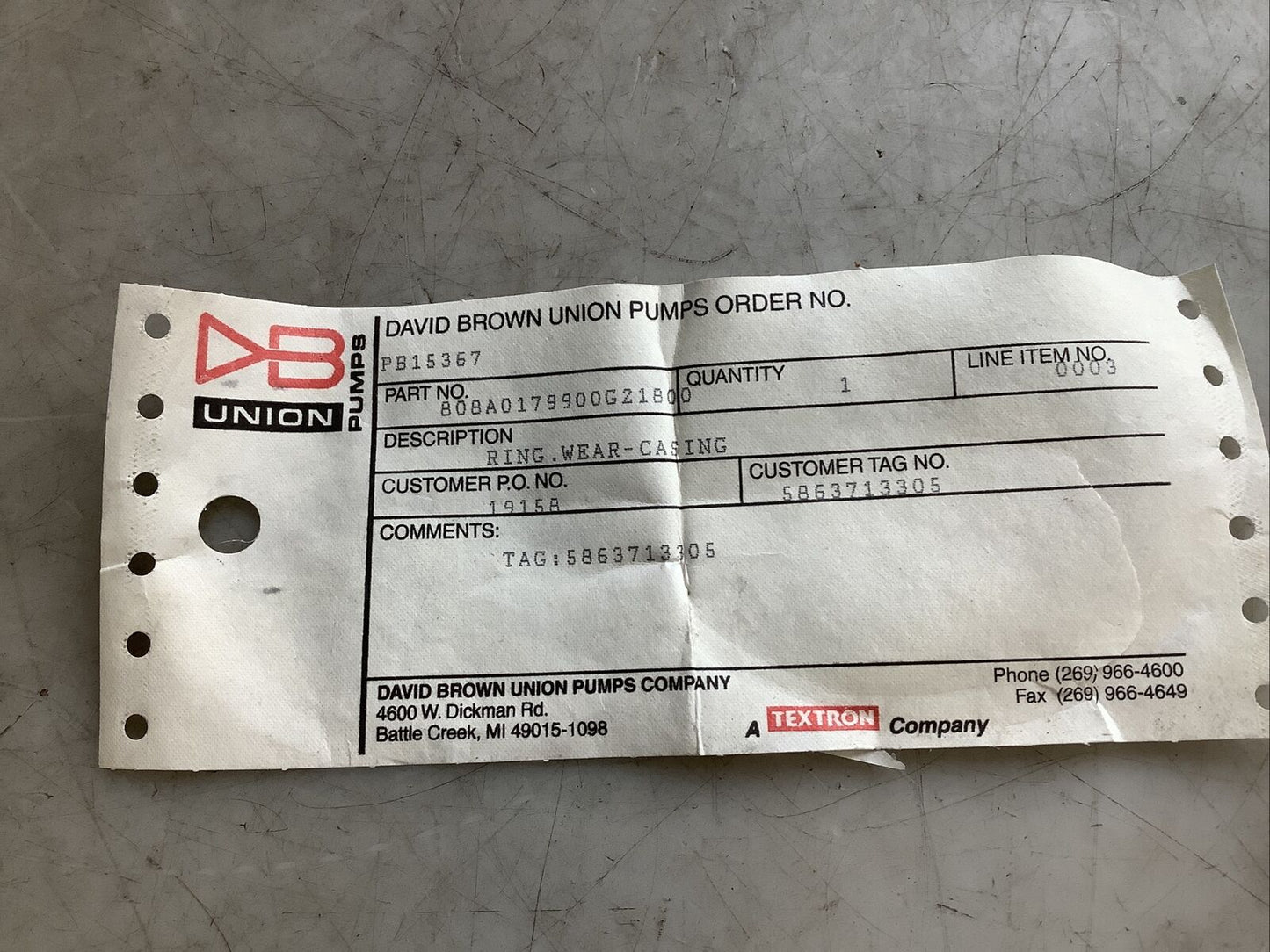 DAVID BROWN UNION PUMPS PB15367 808A0179900G21800 CASING WEAR RING 678