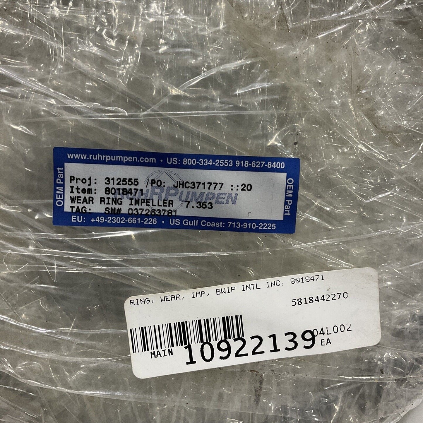 RUHRPUMPEN 8018471 WEAR RING IMPELLER 7.353 678 LOT OF 2