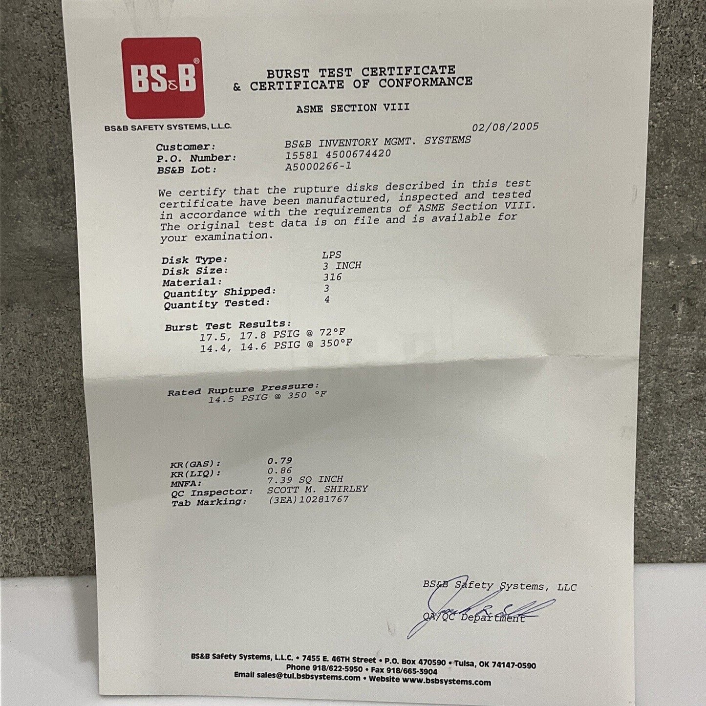 BS&B 10281767 A500266-1 REVERSE BUCKLING RUPTURE DISK 3 IN LPS 14.5 PSIG 555