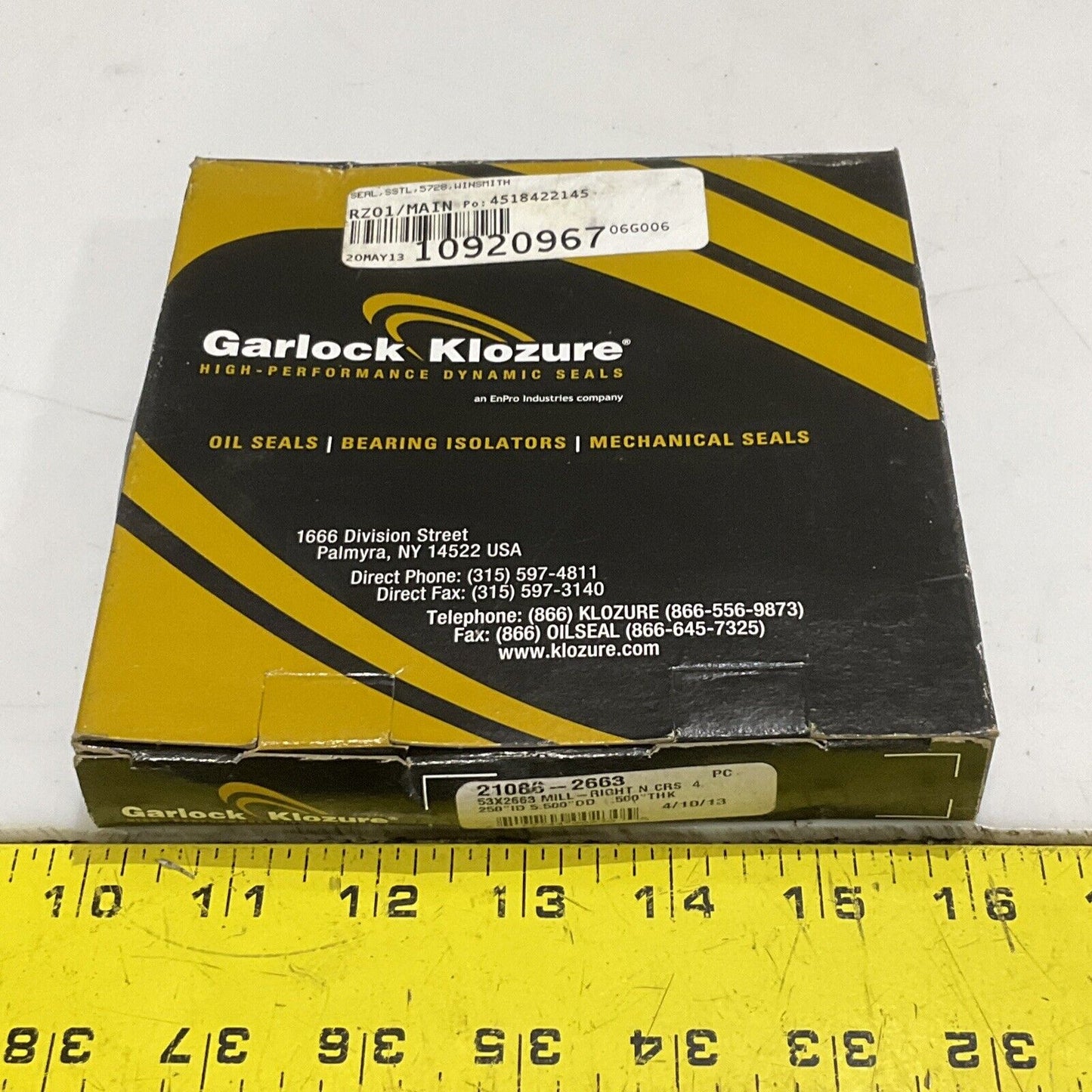 GARLOCK KLOZURE 21086-2663 SEAL 53X2663 MILL RIGHT N CRS 250 ID 5.5 OD .500 678