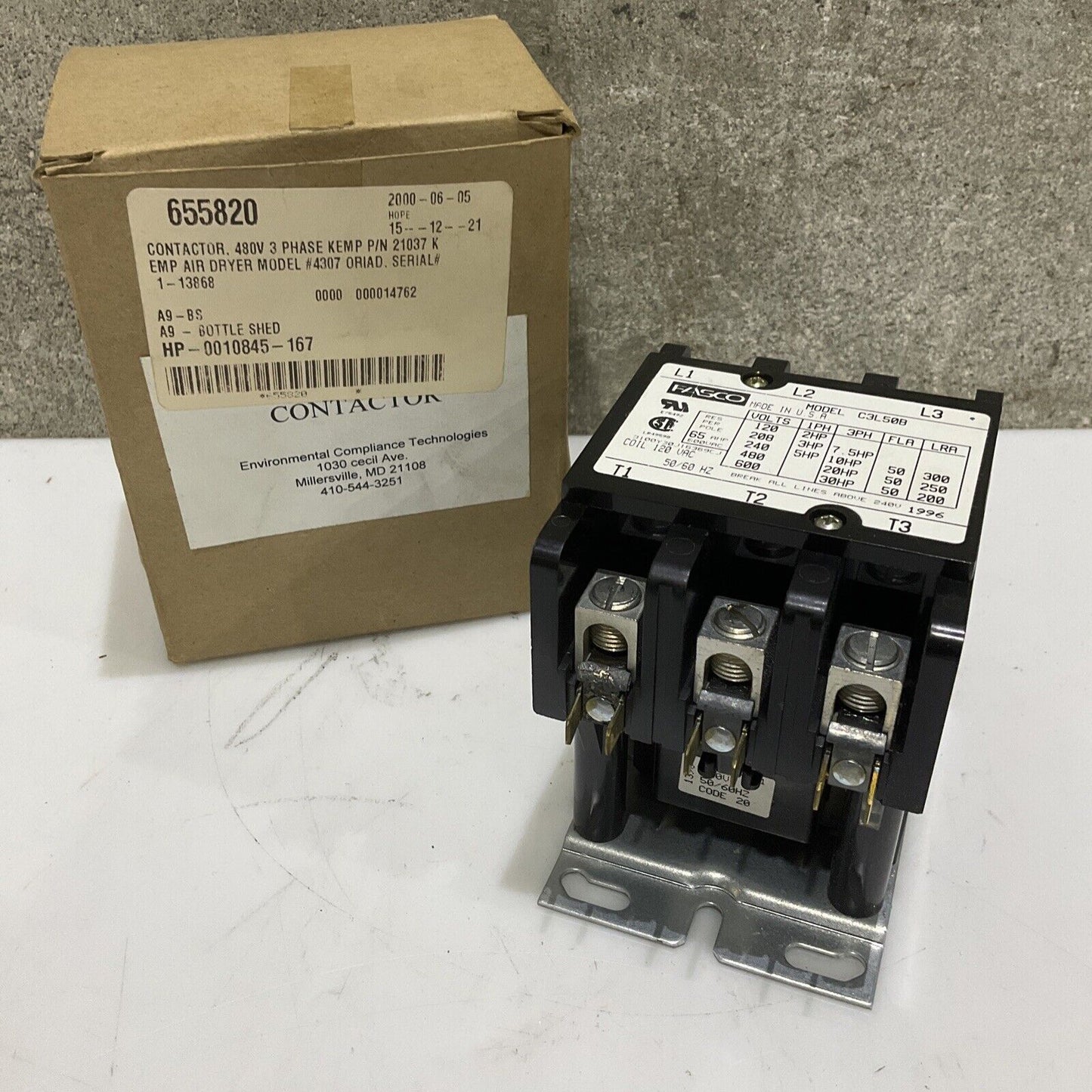 FASCO 213037 C3L50B CONTACTOR 3 PH 480 V 65 AMP 120 COIL 555