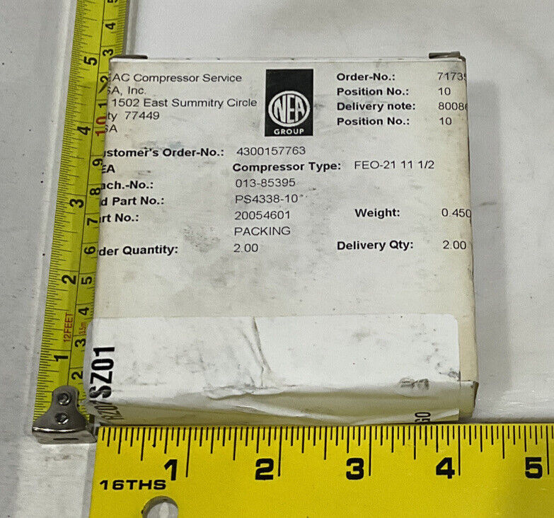NEAC COMPRESSOR SERVICE FEO-21 11 1/2 20054601 PS4338-10 21-PS-229 PACKING 678