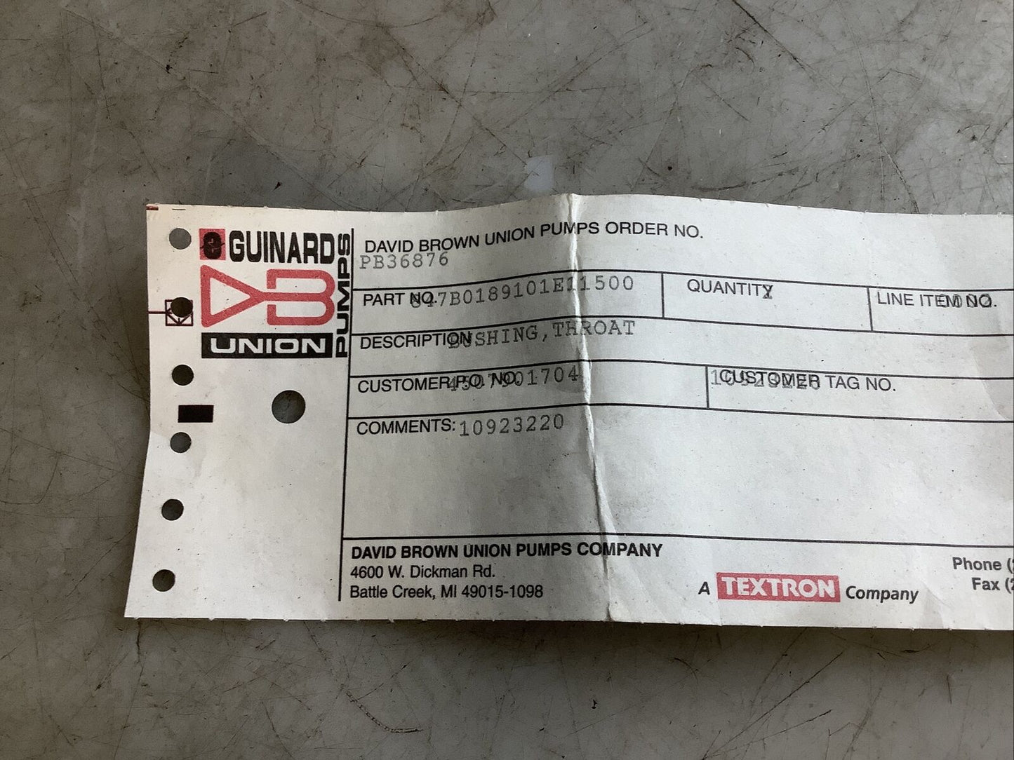DAVID BROWN UNION PUMPS 847B0189101E11500 THROAT BUSHING 678