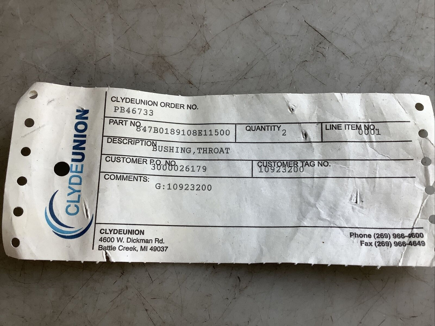 CLYDE UNION 847B0189108E11500 THROAT BUSHING 678