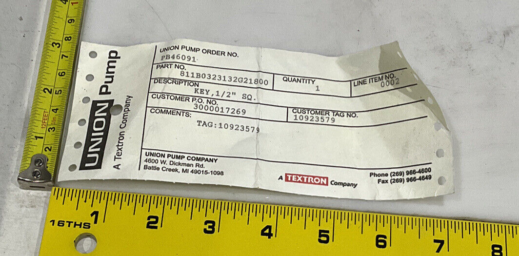 UNION PUMP CO 811B0323132G21800 MONEL IMPELLER KEY 678