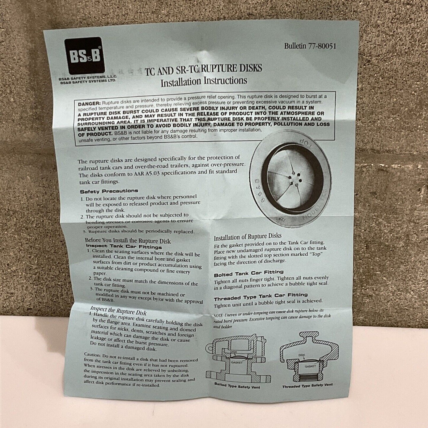 BS&S MODEL TC ST-0-0005-000 RUPTURE DISK 100 PSIG SIZE 2 IN 555