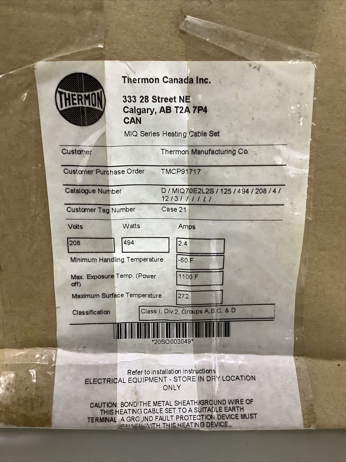 THERMON MIQ70E2L2S D/MIQ-70E2L-2S/125/494 HEAT CABLE SET 125 FEET ECH