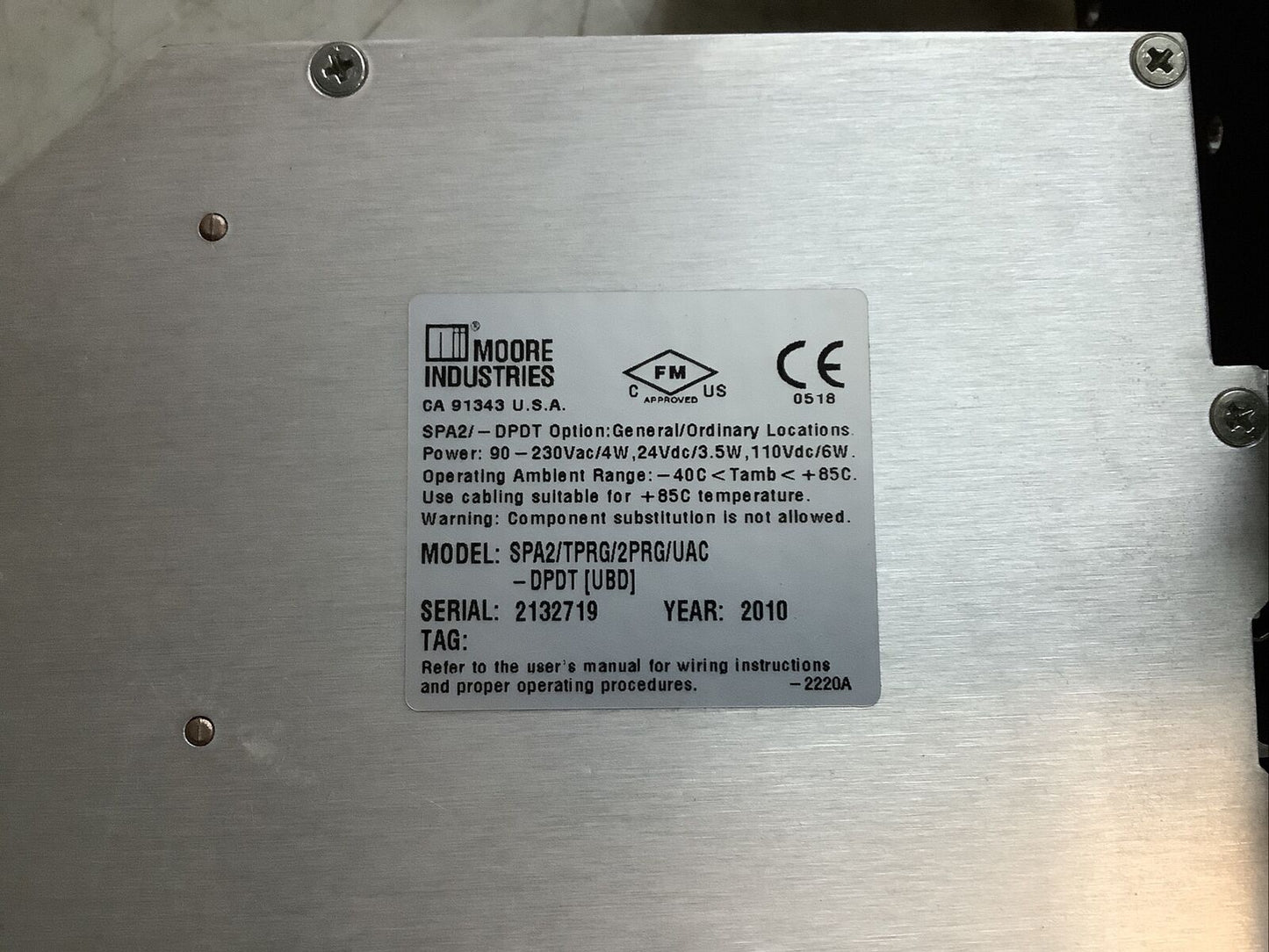 MOORE INDUSTRIES SPA2/TPRG/2PRG/UAC-DPDT PROGRAMMABLE ALARM SWITCH 90-230VAC 476