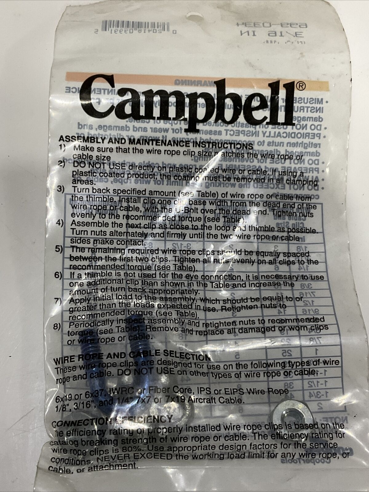 CAMPBELL 699-0334 WIRE ROPE CLIP 3/16 IN LOT OF 31
