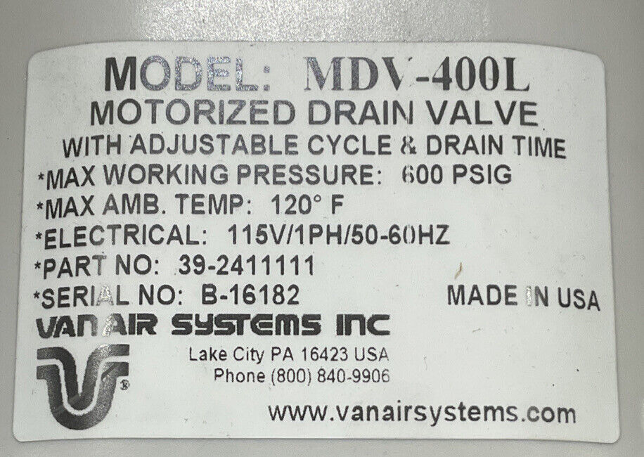 VAN AIR SYSTEMS MDV-400L MOTORIZED DRAIN VALVE 39-2411111 476