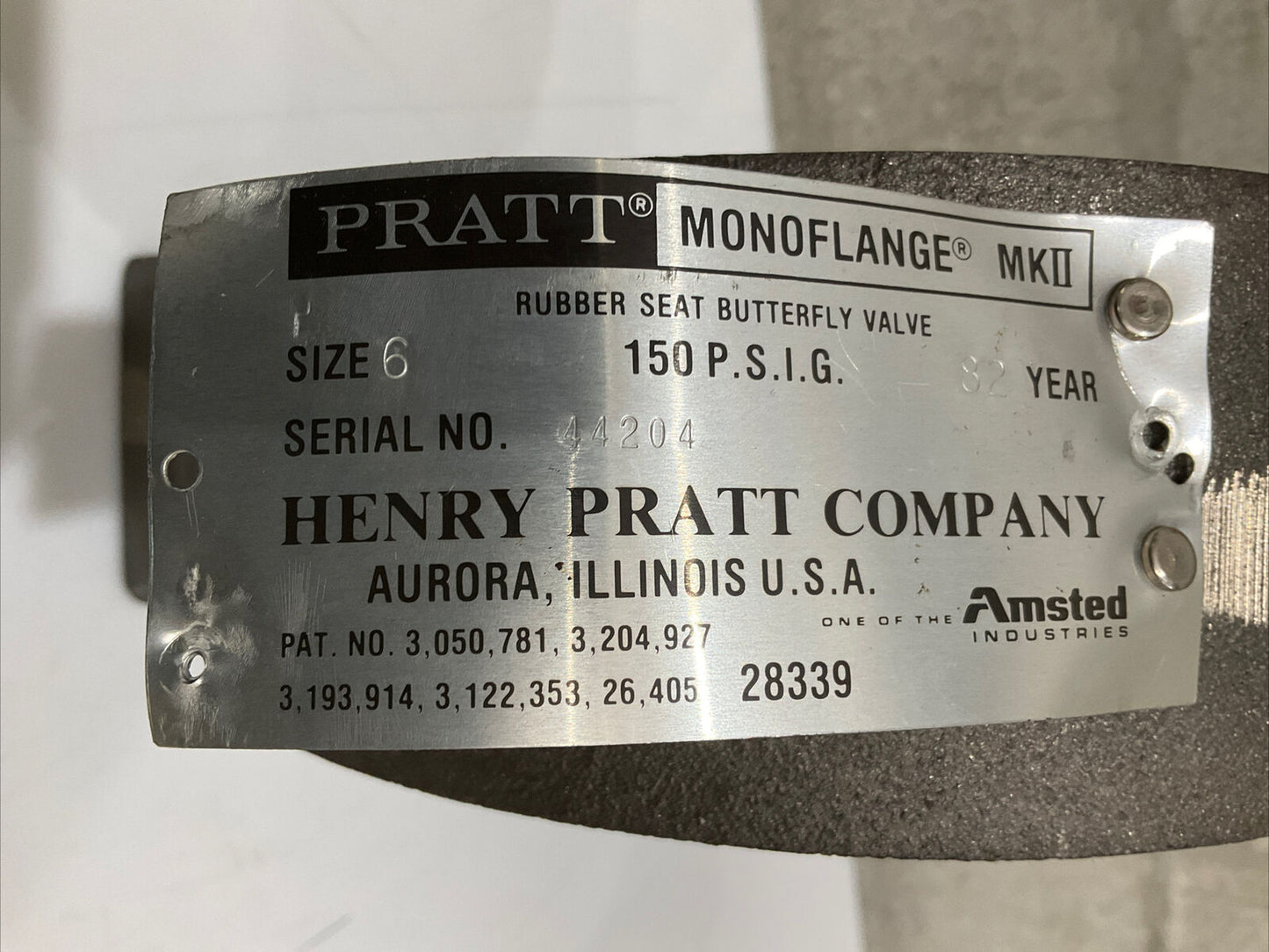 PRATT MKII MONOFLANGE RUBBER SEAT BUTTERFLY VALVE 150 PSIG SIZE 6" 373