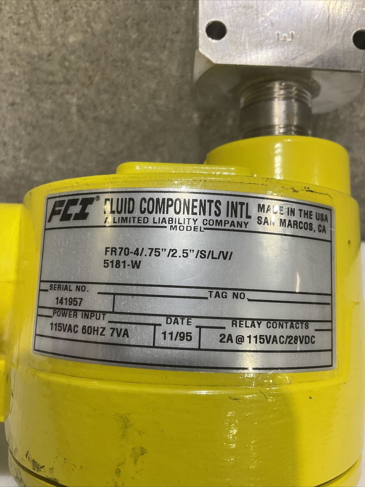 FCI FR70-4 FLOW SWITCH MONITOR .75” 2.5” S L V 5181-W 115VAC 60HZ 7VA 373