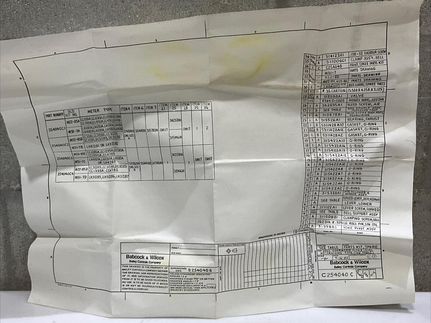 BAILEY CONTROL M31-7C 254040C3 SPARE PARTS KIT 373